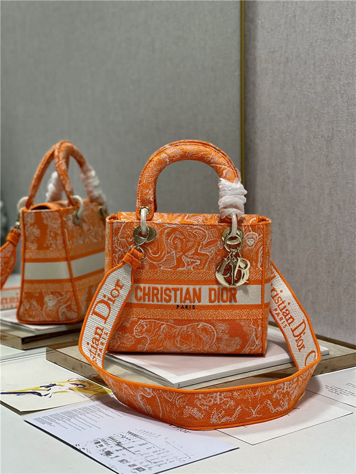 MEDIUM LADY D-LITE BAG Toile de Jouy Reverse Embroidery Orange High