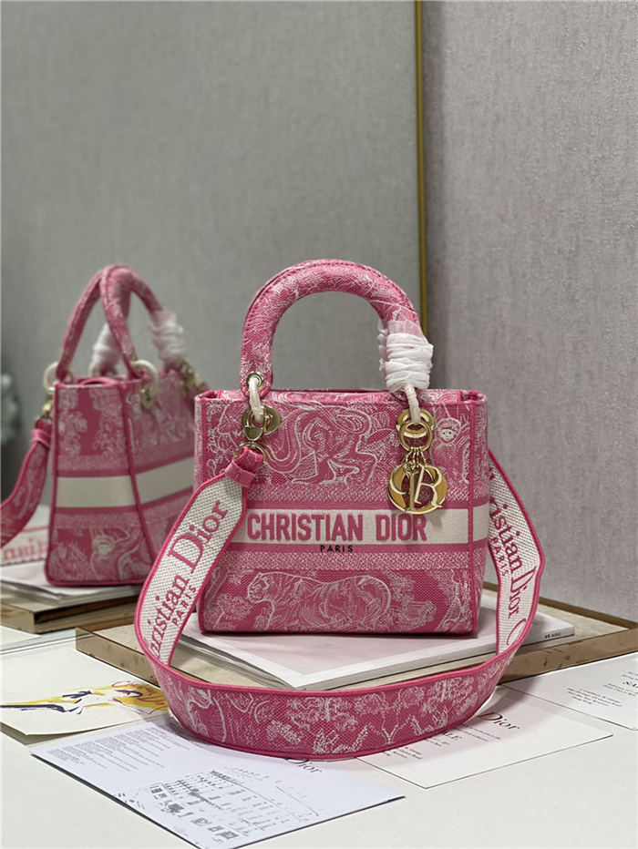 MEDIUM LADY D-LITE BAG Toile de Jouy Reverse Embroidery Pink High