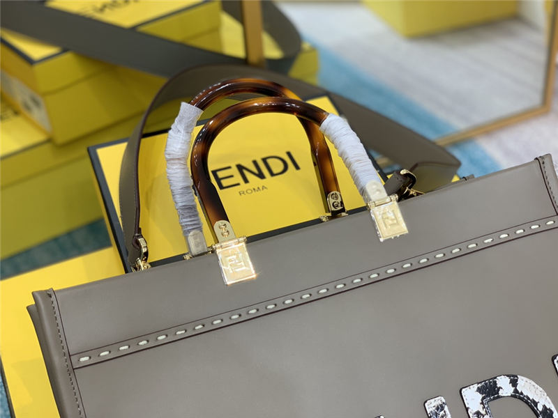 MEDIUM Fendi SUNSHINE Leather & Elaphe Shopper Grey High