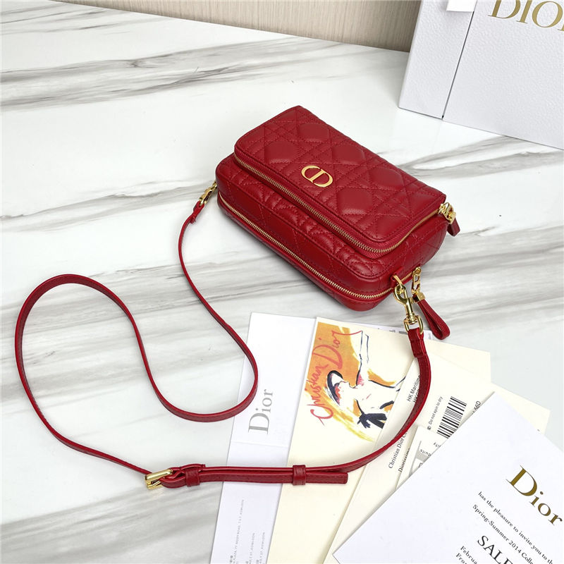 Dior CARO DOUBLE POUCH Supple Cannage Calfskin Red High