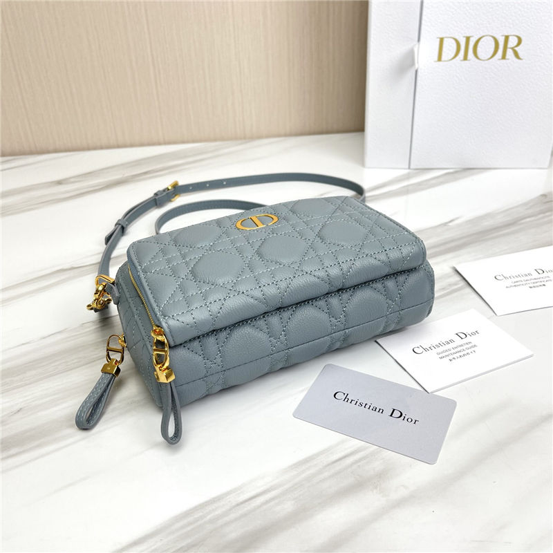 Dior CARO DOUBLE POUCH Supple Cannage Calfskin Grey Blue High