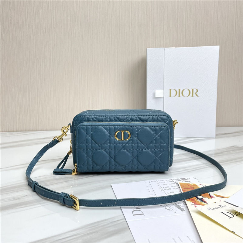 Dior CARO DOUBLE POUCH Supple Cannage Calfskin Steel Blue High