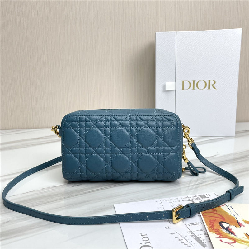 Dior CARO DOUBLE POUCH Supple Cannage Calfskin Steel Blue High