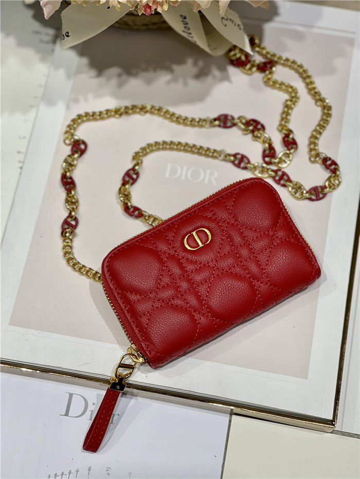 MINI Dior CARO ZIPPED POUCH Cannage Lambskin Red High