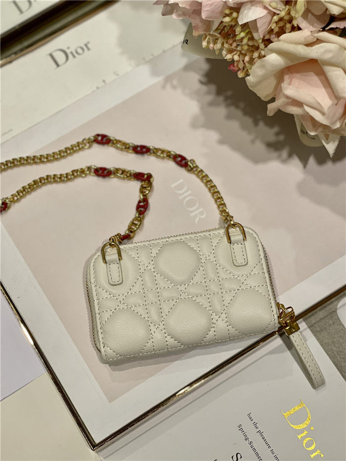 MINI Dior CARO ZIPPED POUCH Cannage Lambskin White High