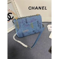 SMALL FLAP BAG Printed Denim & Lacquered Gold-Tone Metal Blue & Multicolor A