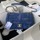 LARGE FLAP BAG Printed Denim & Lacquered Gold-Tone Metal Blue & Multicolor A