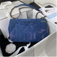 LARGE FLAP BAG Printed Denim & Lacquered Gold-Tone Metal Blue & Multicolor A