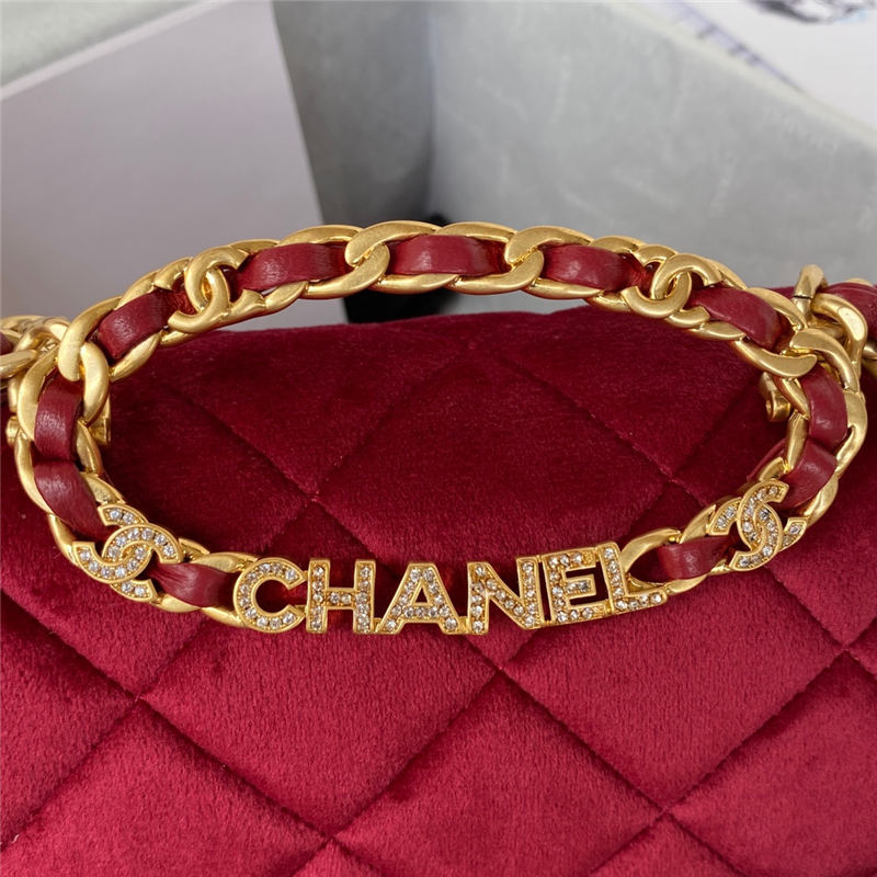 Chanel Small Flap Bag with Handle Velvet & Gold-Tone Metal AS3451 Red A