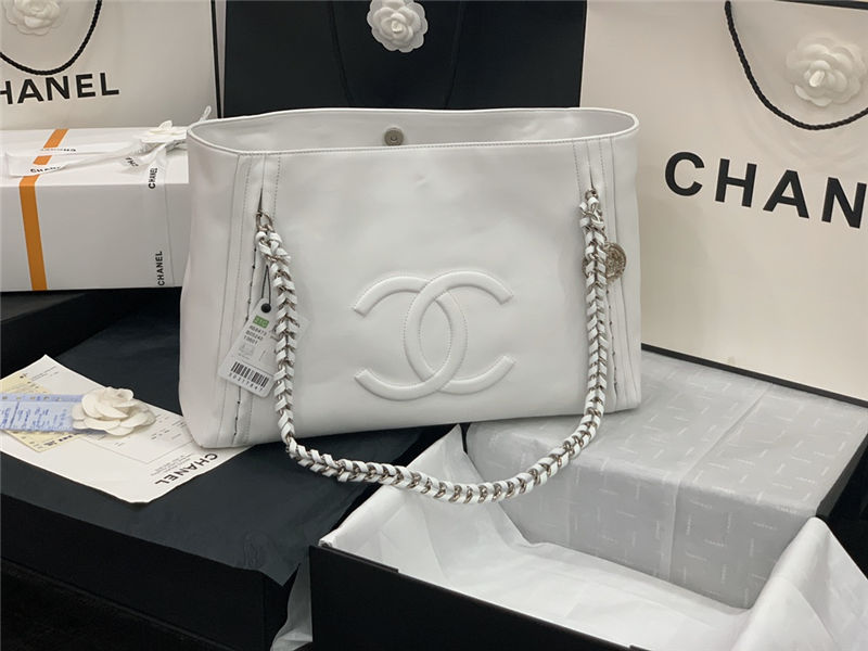 LARGE Chanel SHOPPING BAG TOTE Calfskin Silver Metal AS8473 White High