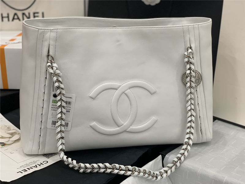 LARGE Chanel SHOPPING BAG TOTE Calfskin Silver Metal AS8473 White High