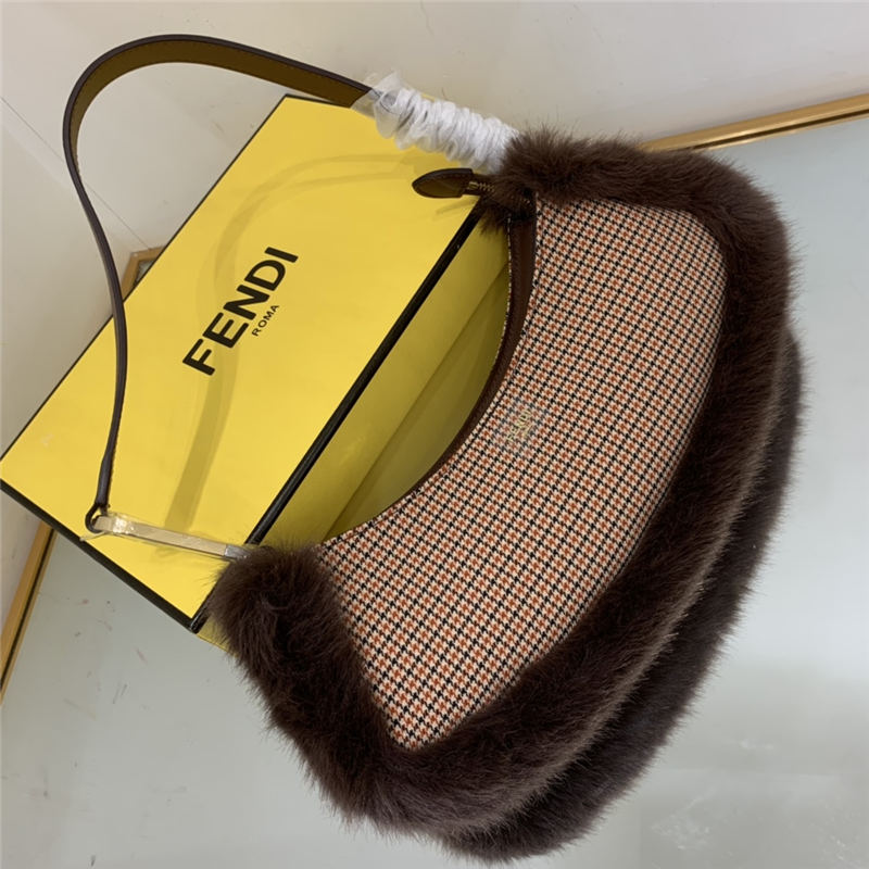 Fendi O’Lock Swing houndstooth wool and fox fur pouch High