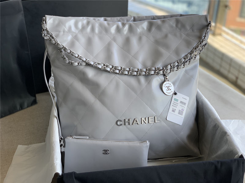 Chanel 22 LARGE HANDBAG Shiny Calfskin & Silver-Tone Metal AS3262 Grey High