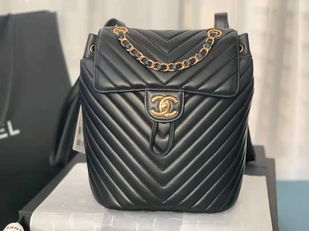 Chanel Large Backpack Chevrons Pattern Lambskin 91122 Gold-Metal Black High