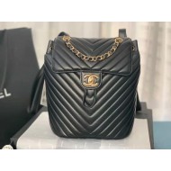 Chanel Large Backpack Chevrons Pattern Lambskin 91122 Gold-Metal Black High