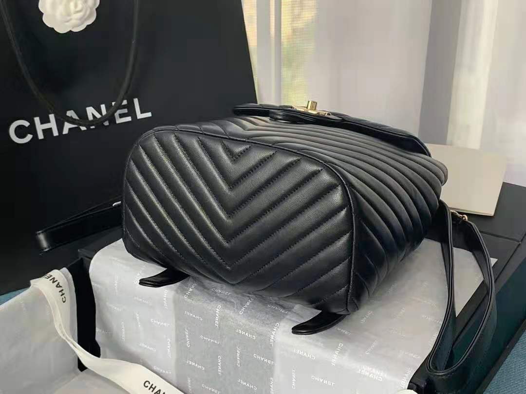 Chanel Large Backpack Chevrons Pattern Lambskin 91122 Gold-Metal Black High