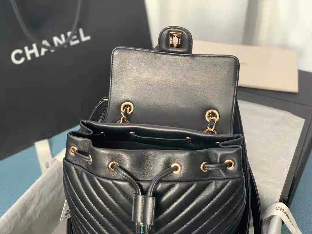 Chanel Large Backpack Chevrons Pattern Lambskin 91122 Gold-Metal Black High