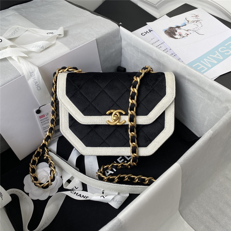 MINI FLAP BAG Velvet & Gold-Tone Metal Black & White A