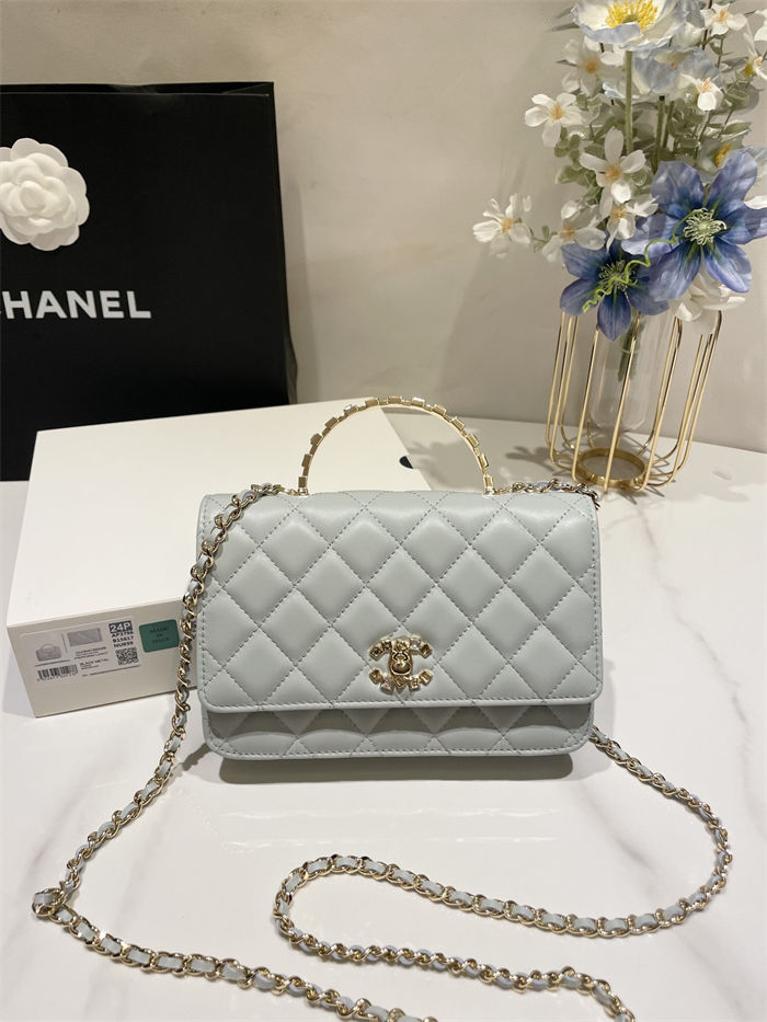 Chanel WALLET ON CHAIN AP3796 Rhinestone Lambskin & Gold-Tone Metal Grey Blue A