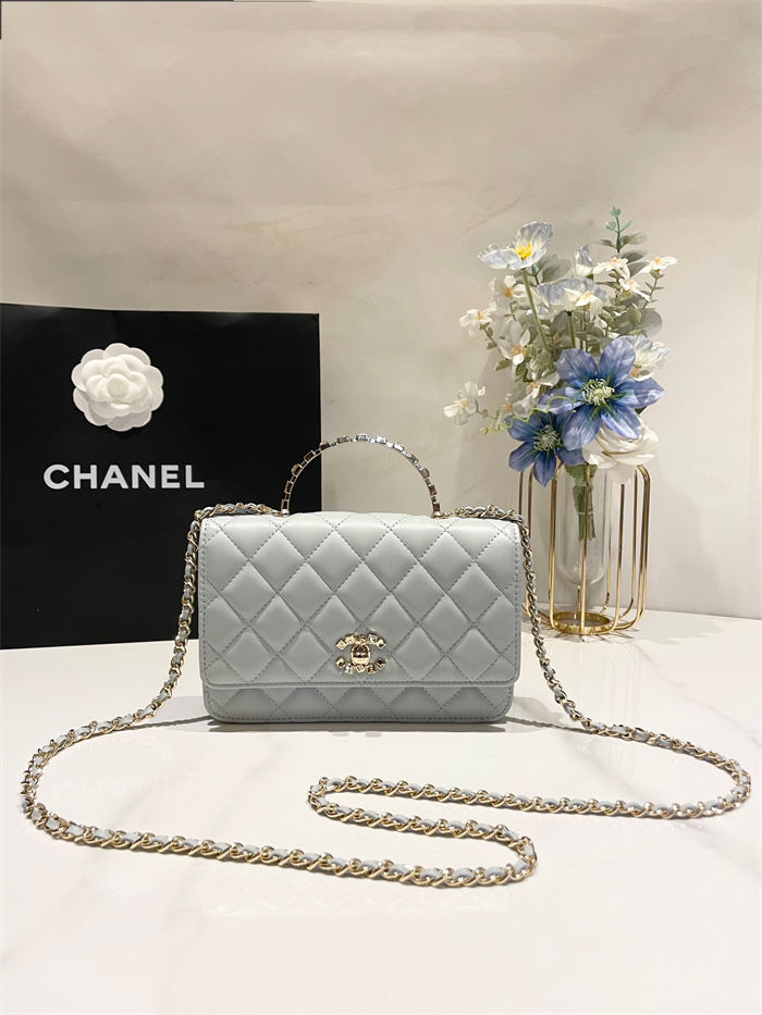 Chanel WALLET ON CHAIN AP3796 Rhinestone Lambskin & Gold-Tone Metal Grey Blue A