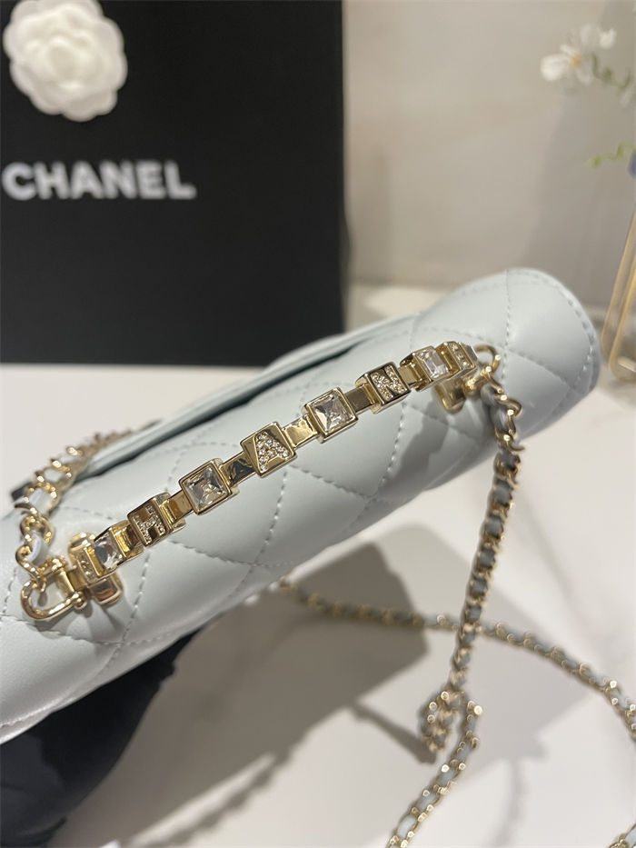 Chanel WALLET ON CHAIN AP3796 Rhinestone Lambskin & Gold-Tone Metal Grey Blue A