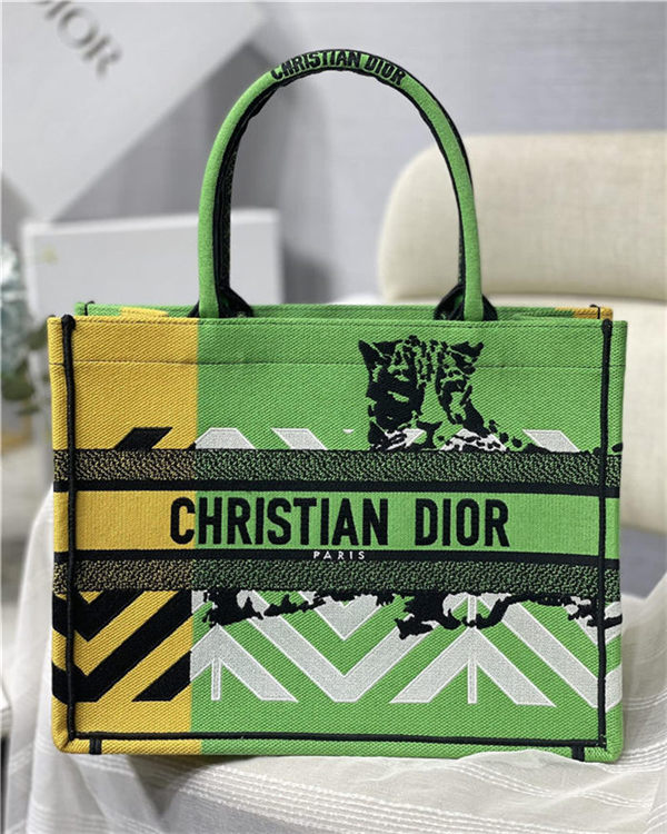 MEDIUM Dior BOOK TOTE D-Jungle Pop Embroidery Green/Orange High