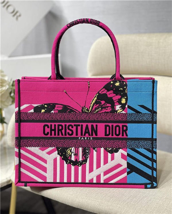 MEDIUM Dior BOOK TOTE D-Jungle Pop Embroidery Blue/Pink High