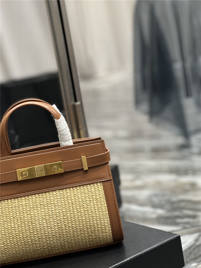 MANHATTAN NANO SHOPPING BAG IN RAFFIA AND SMOOTH LEATHER High