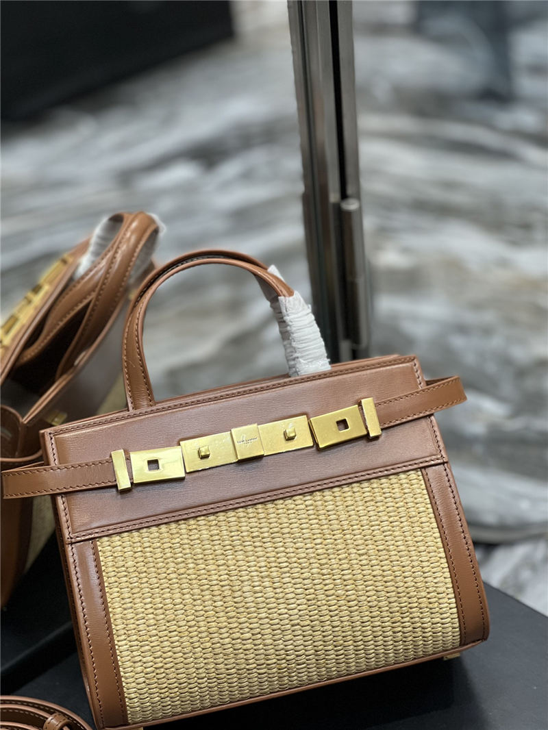 MANHATTAN NANO SHOPPING BAG IN RAFFIA AND SMOOTH LEATHER High