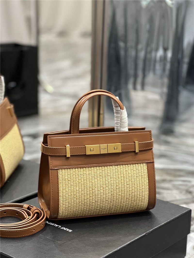 MANHATTAN NANO SHOPPING BAG IN RAFFIA AND SMOOTH LEATHER High