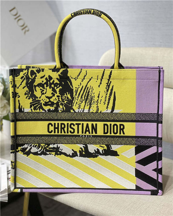 LARGE Dior BOOK TOTE D-Jungle Pop Embroidery Yellow/Lilac High