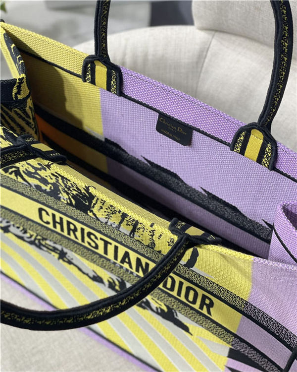 LARGE Dior BOOK TOTE D-Jungle Pop Embroidery Yellow/Lilac High