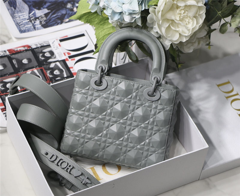 SMALL LADY Dior Cannage Calfskin with Diamond Motif Grey High