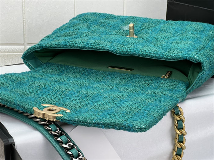 Large Chanel 19 Flap Bag Tweed Gold-Tone Green High