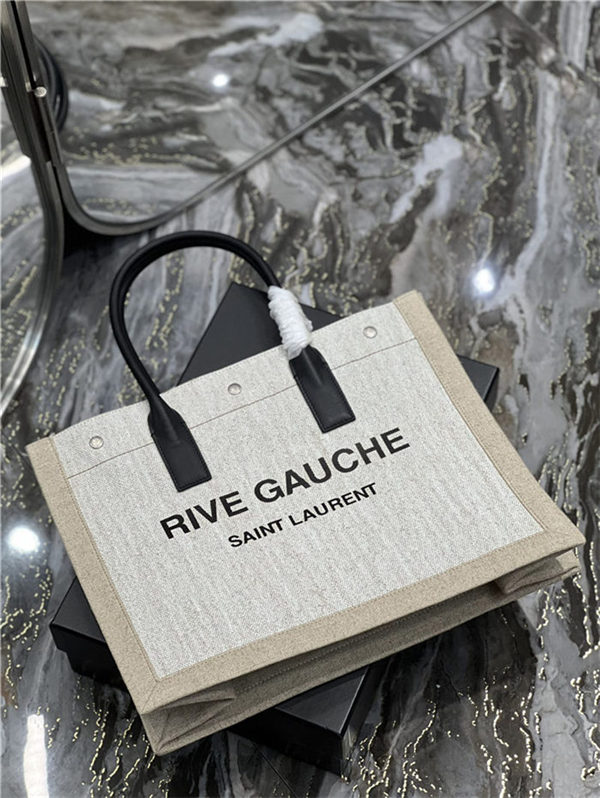 RIVE GAUCHE SMALL TOTE BAG IN LINEN AND LEATHER High