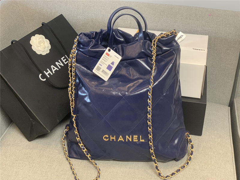 Chanel 22 BACKPACK Shiny Calfskin & Gold-Tone Metal AS3313 Navy High