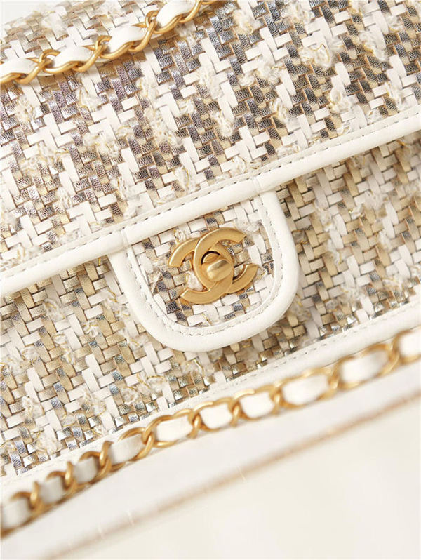 Chanel FLAP BAG Lambskin, Viscose Weaving & Gold-Tone Metal AS3767 White A