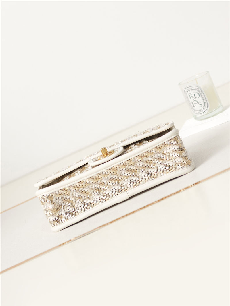 Chanel FLAP BAG Lambskin, Viscose Weaving & Gold-Tone Metal AS3767 White A