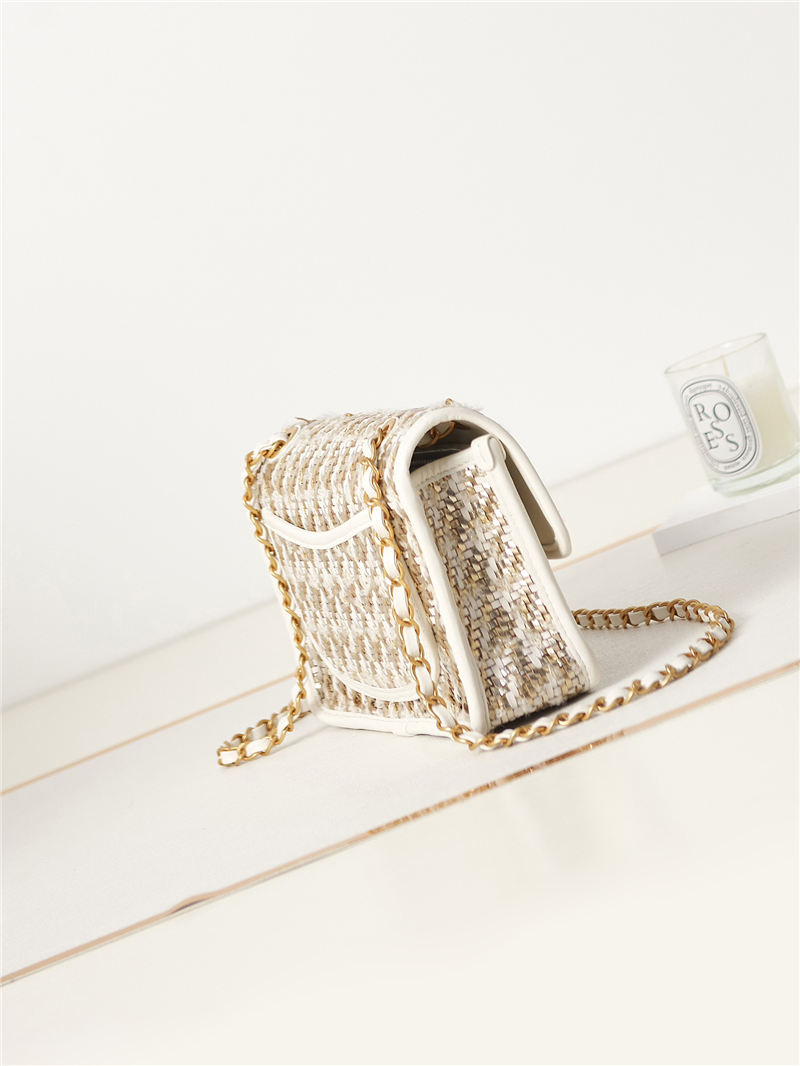 Chanel FLAP BAG Lambskin, Viscose Weaving & Gold-Tone Metal AS3767 White A