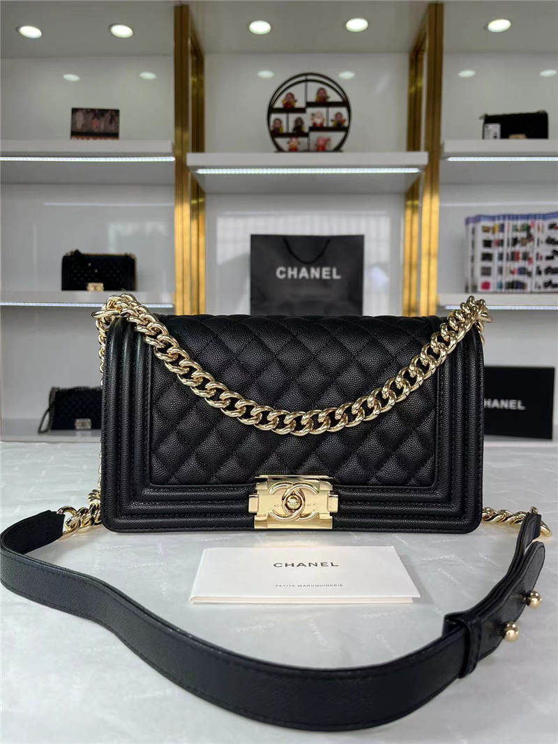 BOY Chanel HANDBAG Grained Calfskin Black Gold Metal High