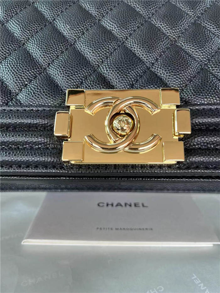 BOY Chanel HANDBAG Grained Calfskin Black Gold Metal High