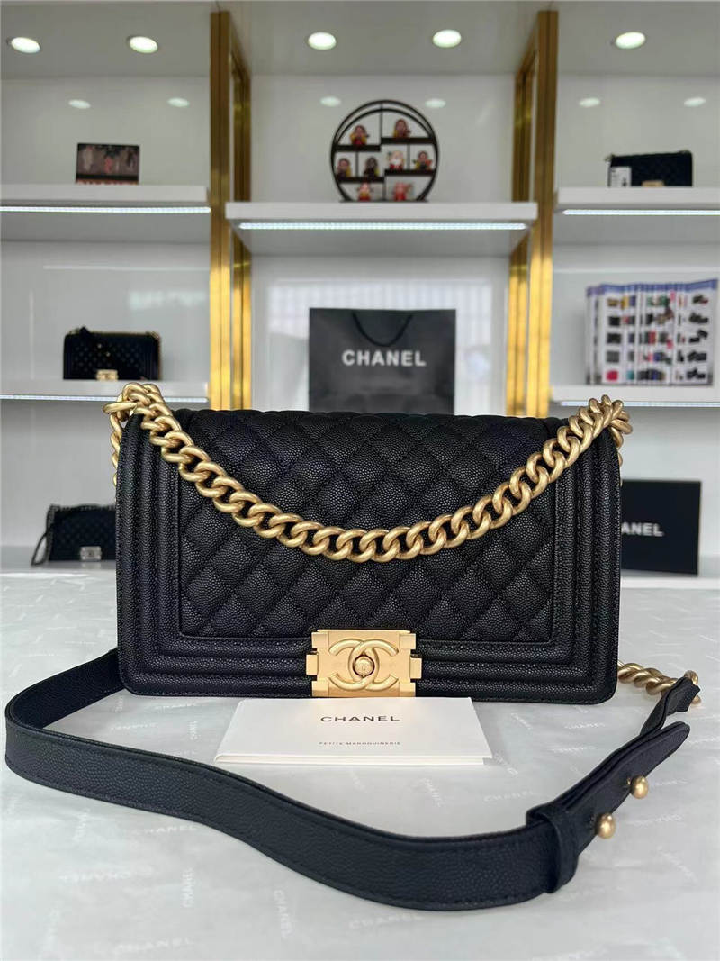 BOY Chanel HANDBAG Grained Calfskin Black Matt-Gold Metal High