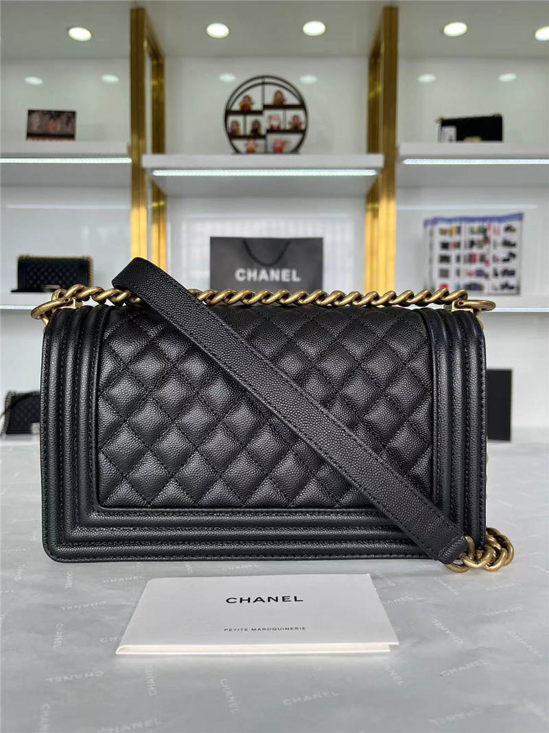 BOY Chanel HANDBAG Grained Calfskin Black Anti-Gold Metal High