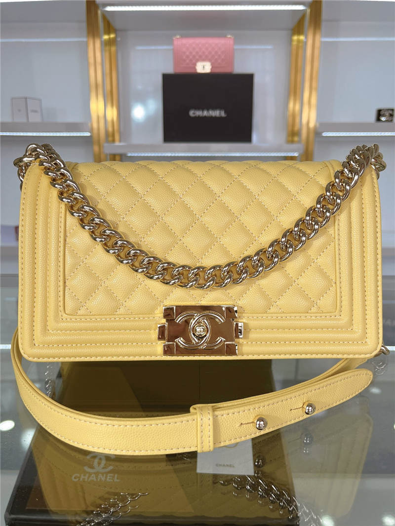 BOY Chanel HANDBAG Grained Calfskin Yellow Gold Metal High