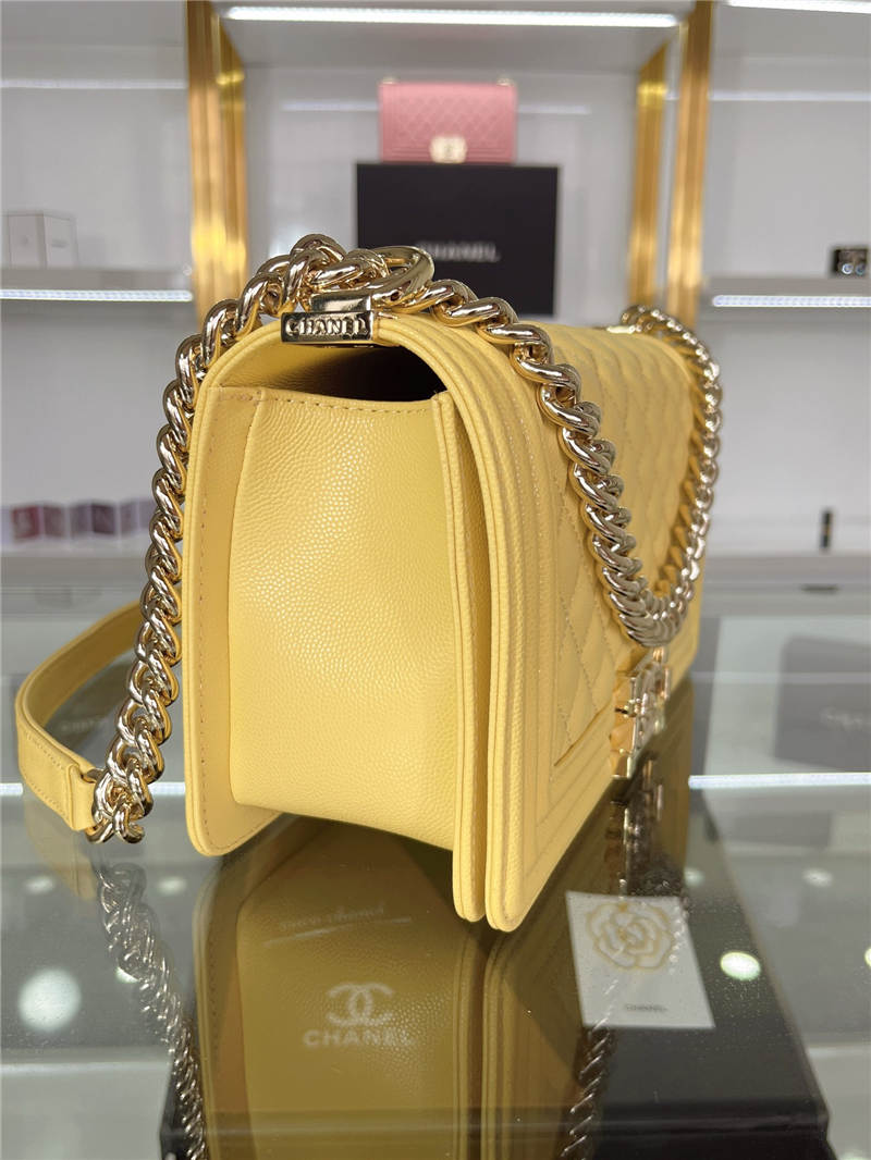 BOY Chanel HANDBAG Grained Calfskin Yellow Gold Metal High