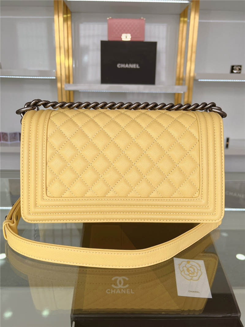 BOY Chanel HANDBAG Grained Calfskin Yellow Anti-Silver Metal High