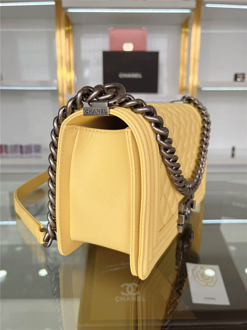 BOY Chanel HANDBAG Grained Calfskin Yellow Anti-Silver Metal High