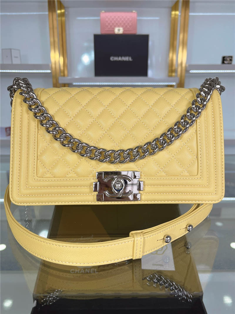 BOY Chanel HANDBAG Grained Calfskin Yellow Silver Metal High