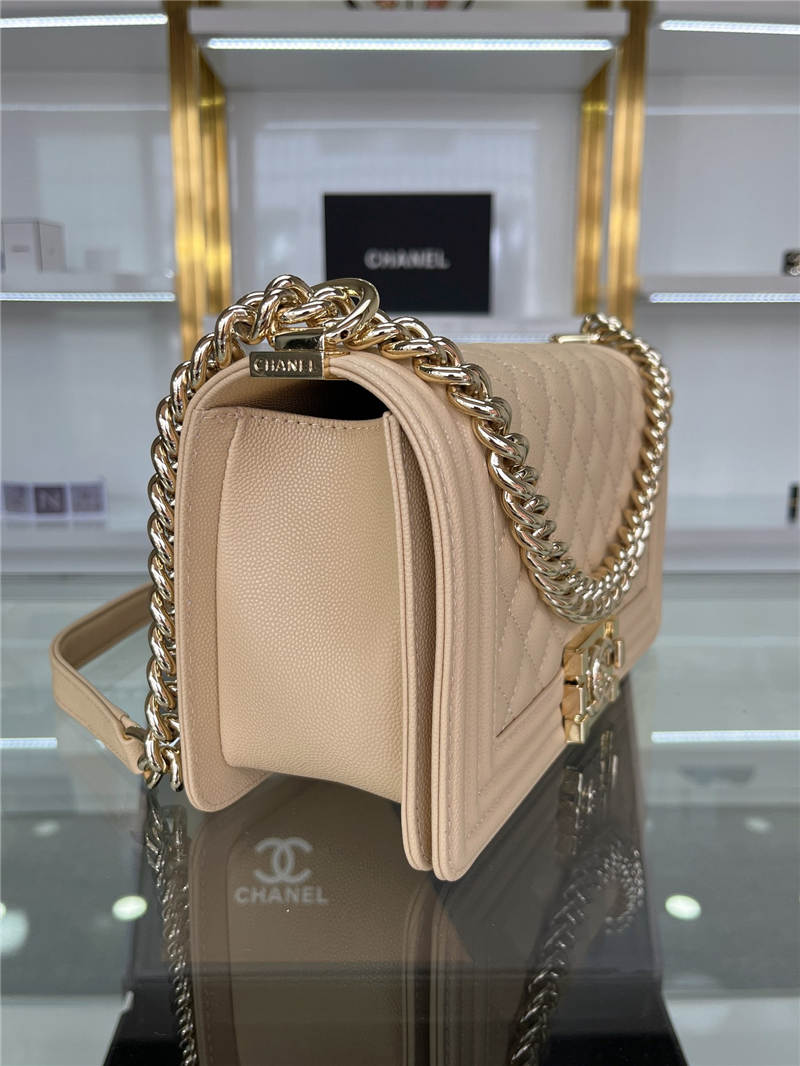 BOY Chanel HANDBAG Grained Calfskin Beige Gold Metal High