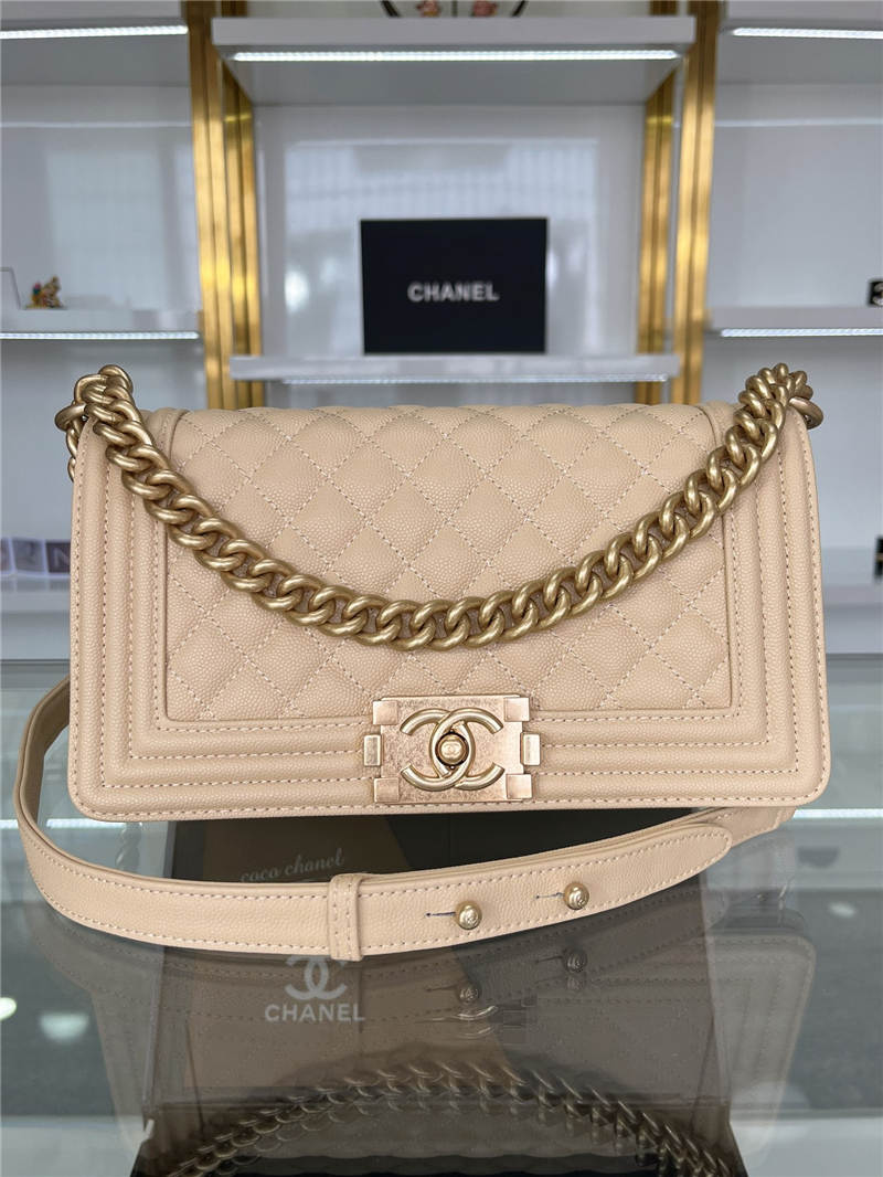 BOY Chanel HANDBAG Grained Calfskin Beige Matt-Gold Metal High